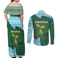Rwanda Couples Matching Off Shoulder Maxi Dress and Long Sleeve Button Shirt with Green Nature Map Waterfall Sunburst Spirit