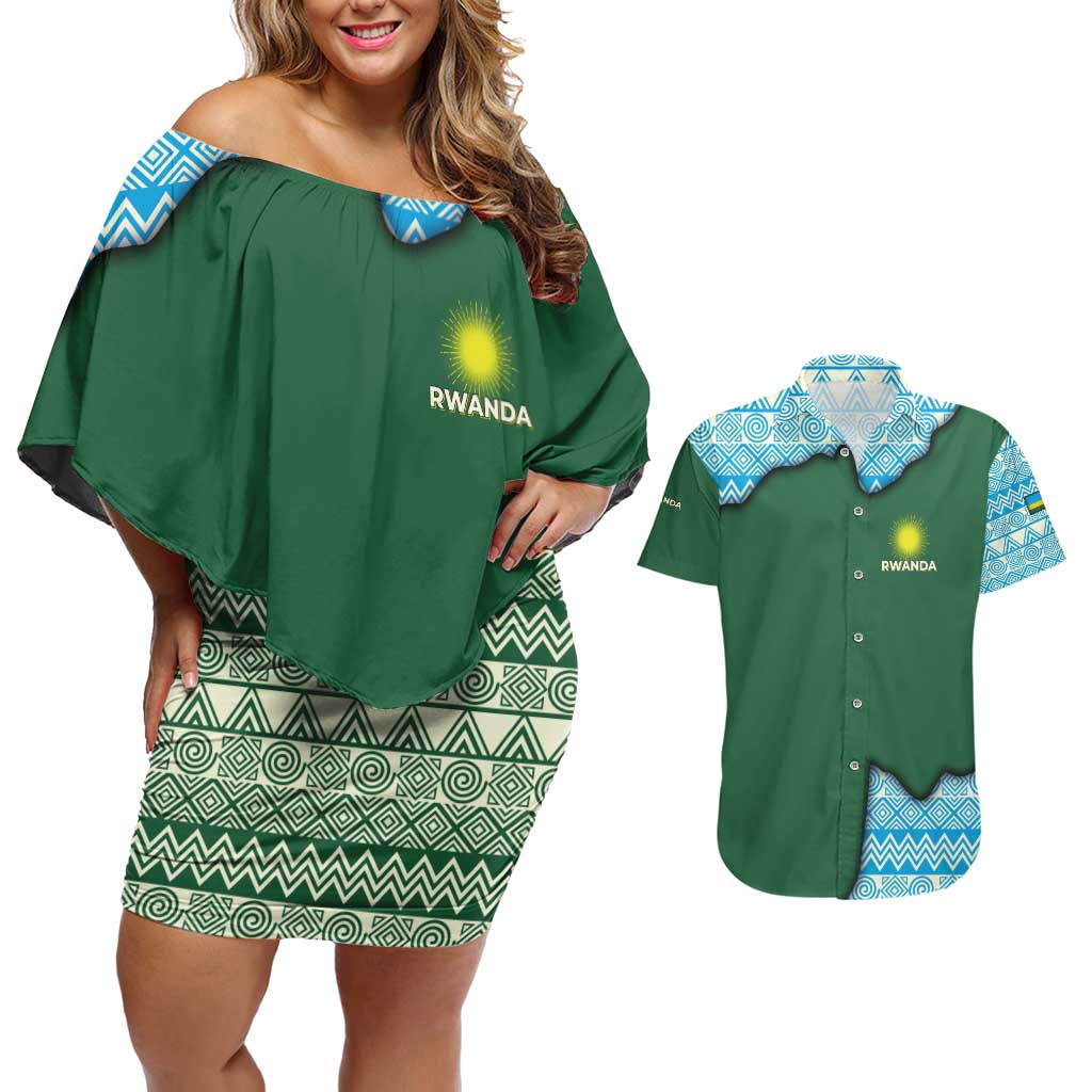 Rwanda Couples Matching Off Shoulder Short Dress and Hawaiian Shirt with Green Nature Map Waterfall Sunburst Spirit