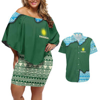 Rwanda Couples Matching Off Shoulder Short Dress and Hawaiian Shirt with Green Nature Map Waterfall Sunburst Spirit