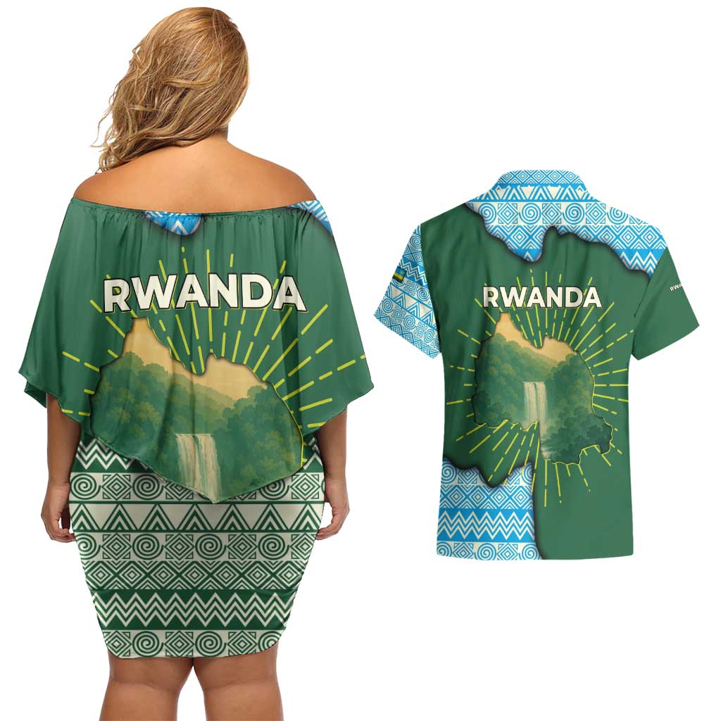 Rwanda Couples Matching Off Shoulder Short Dress and Hawaiian Shirt with Green Nature Map Waterfall Sunburst Spirit