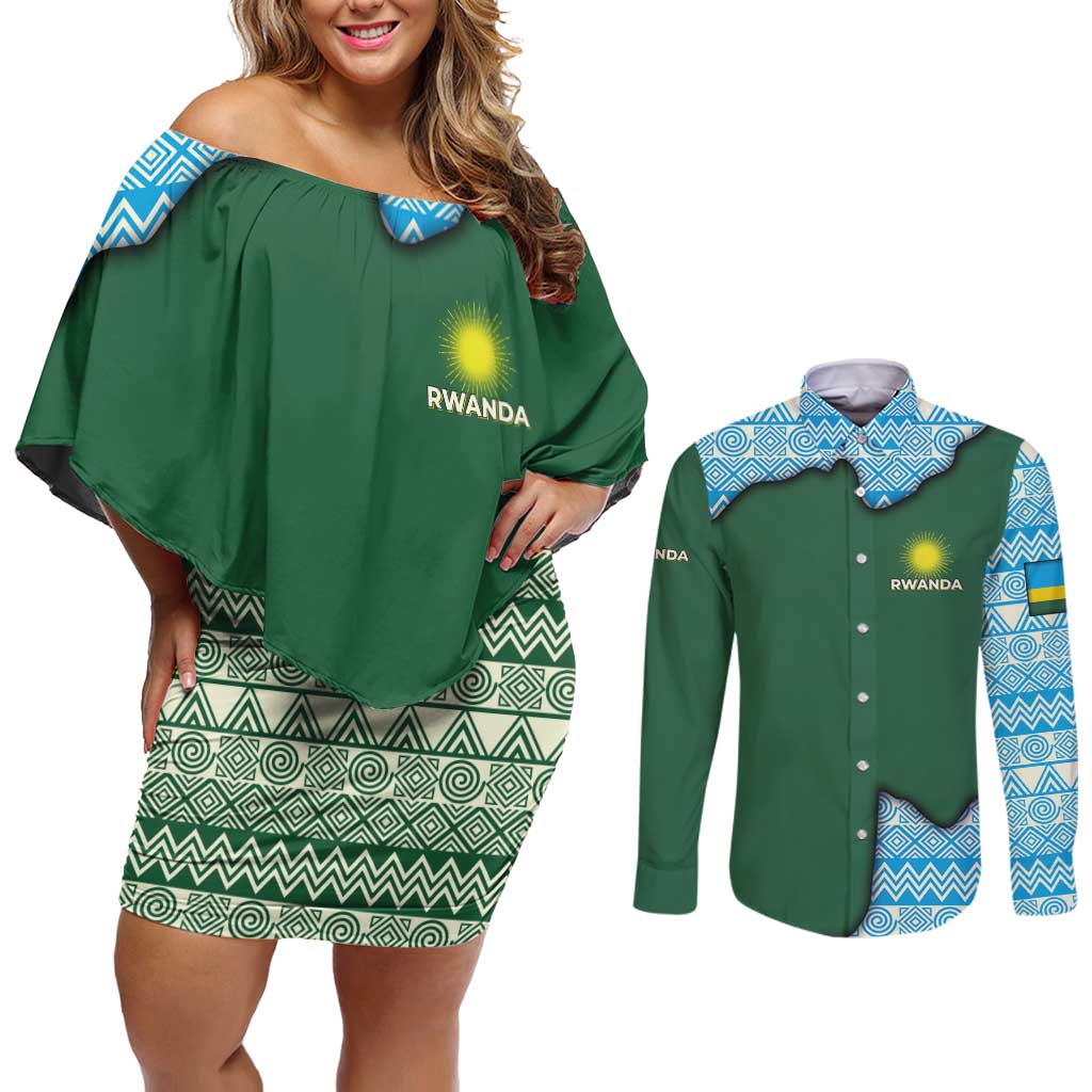 Rwanda Couples Matching Off Shoulder Short Dress and Long Sleeve Button Shirt with Green Nature Map Waterfall Sunburst Spirit