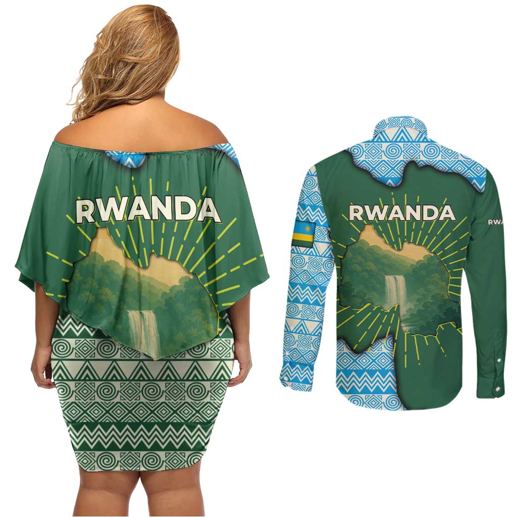 Rwanda Couples Matching Off Shoulder Short Dress and Long Sleeve Button Shirt with Green Nature Map Waterfall Sunburst Spirit