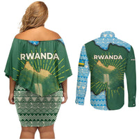 Rwanda Couples Matching Off Shoulder Short Dress and Long Sleeve Button Shirt with Green Nature Map Waterfall Sunburst Spirit