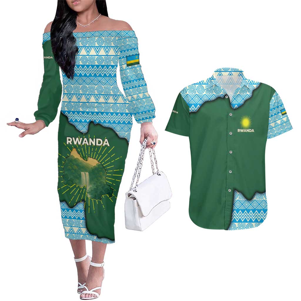 Rwanda Couples Matching Off The Shoulder Long Sleeve Dress and Hawaiian Shirt with Green Nature Map Waterfall Sunburst Spirit
