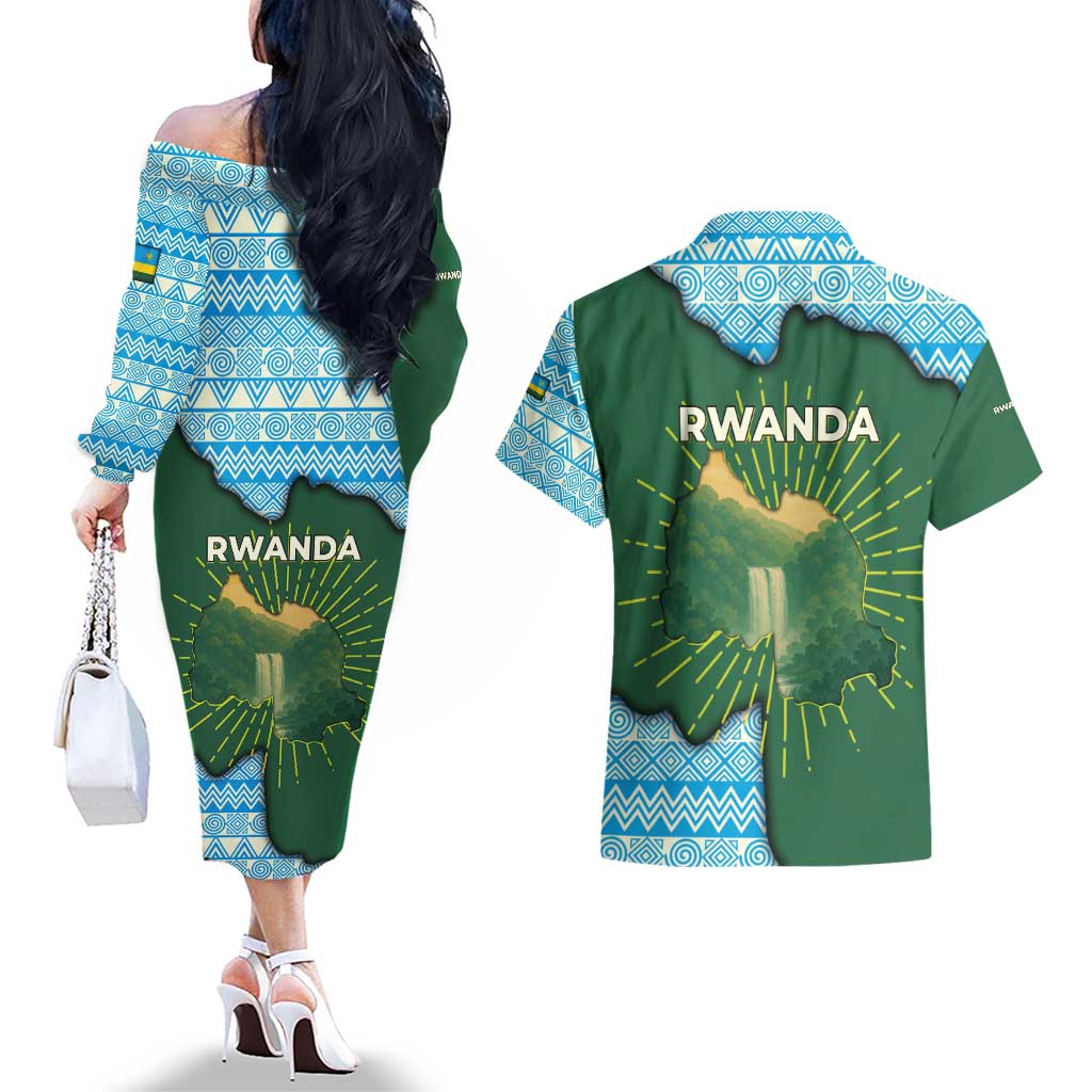 Rwanda Couples Matching Off The Shoulder Long Sleeve Dress and Hawaiian Shirt with Green Nature Map Waterfall Sunburst Spirit