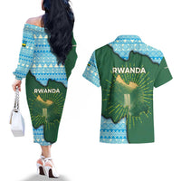 Rwanda Couples Matching Off The Shoulder Long Sleeve Dress and Hawaiian Shirt with Green Nature Map Waterfall Sunburst Spirit