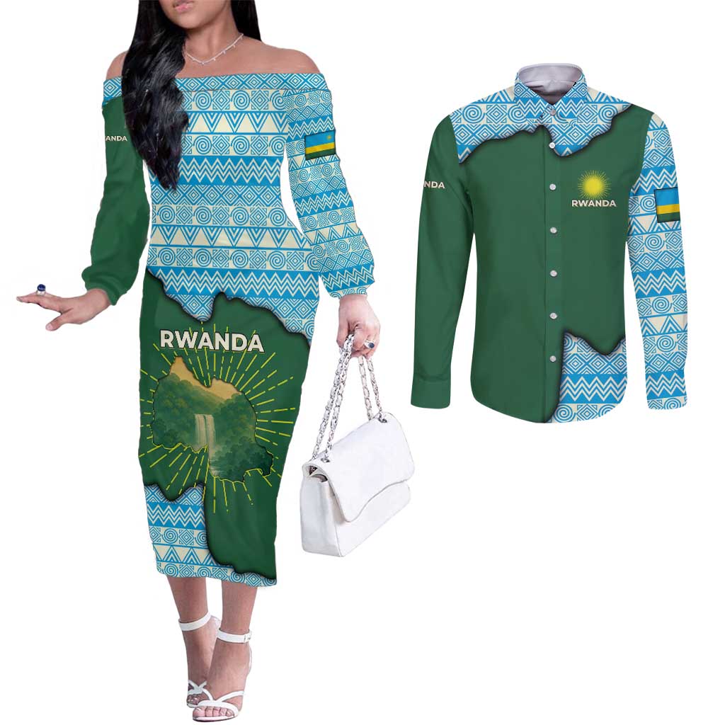 Rwanda Couples Matching Off The Shoulder Long Sleeve Dress and Long Sleeve Button Shirt with Green Nature Map Waterfall Sunburst Spirit