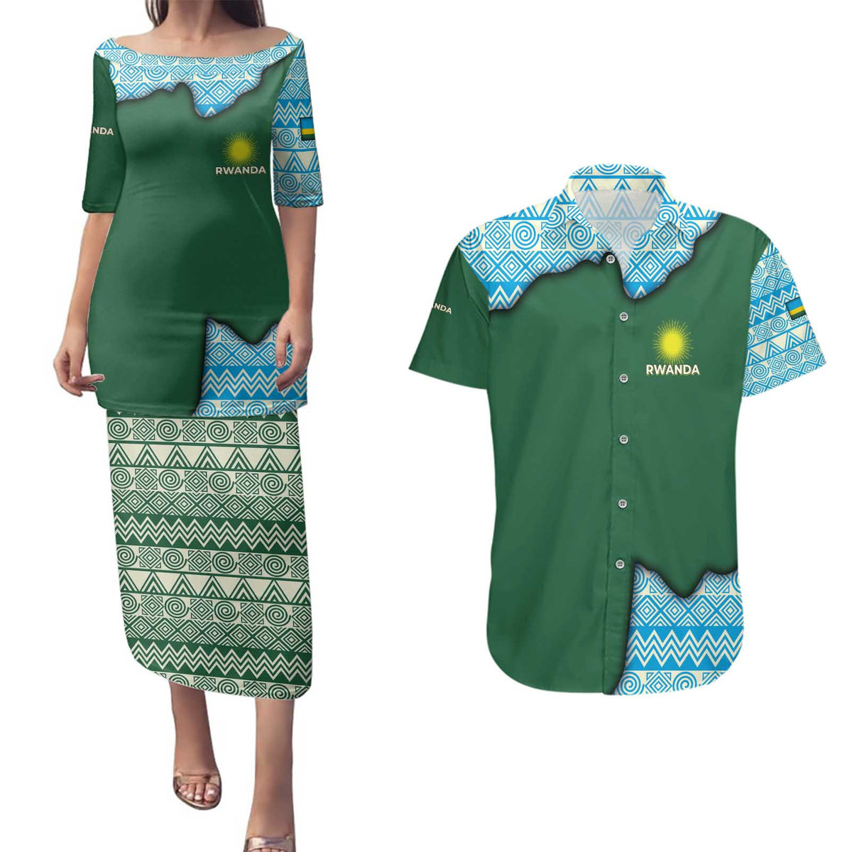 Rwanda Couples Matching Puletasi and Hawaiian Shirt with Green Nature Map Waterfall Sunburst Spirit