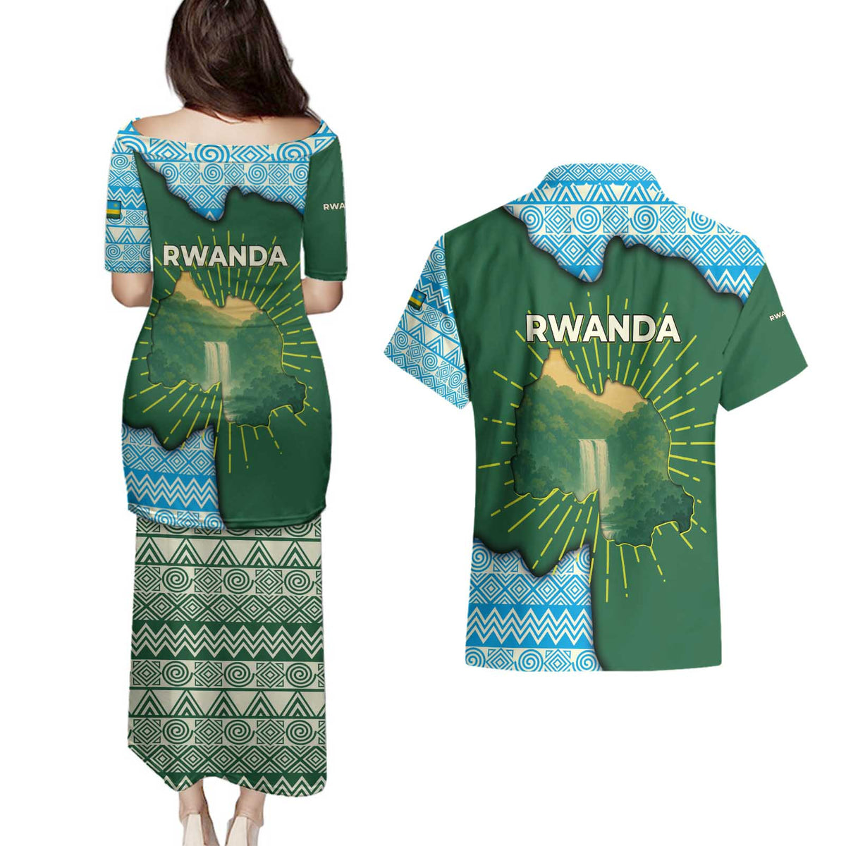 Rwanda Couples Matching Puletasi and Hawaiian Shirt with Green Nature Map Waterfall Sunburst Spirit