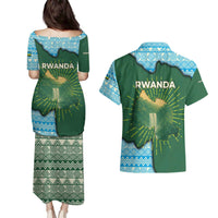 Rwanda Couples Matching Puletasi and Hawaiian Shirt with Green Nature Map Waterfall Sunburst Spirit