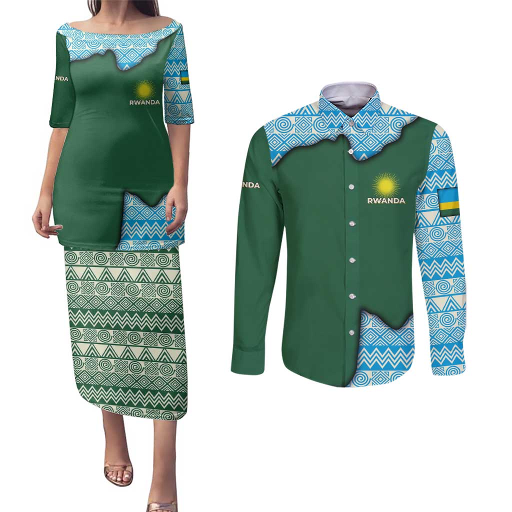 Rwanda Couples Matching Puletasi and Long Sleeve Button Shirt with Green Nature Map Waterfall Sunburst Spirit