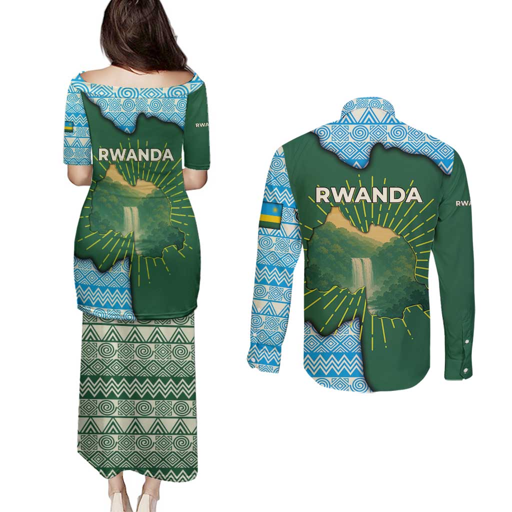 Rwanda Couples Matching Puletasi and Long Sleeve Button Shirt with Green Nature Map Waterfall Sunburst Spirit