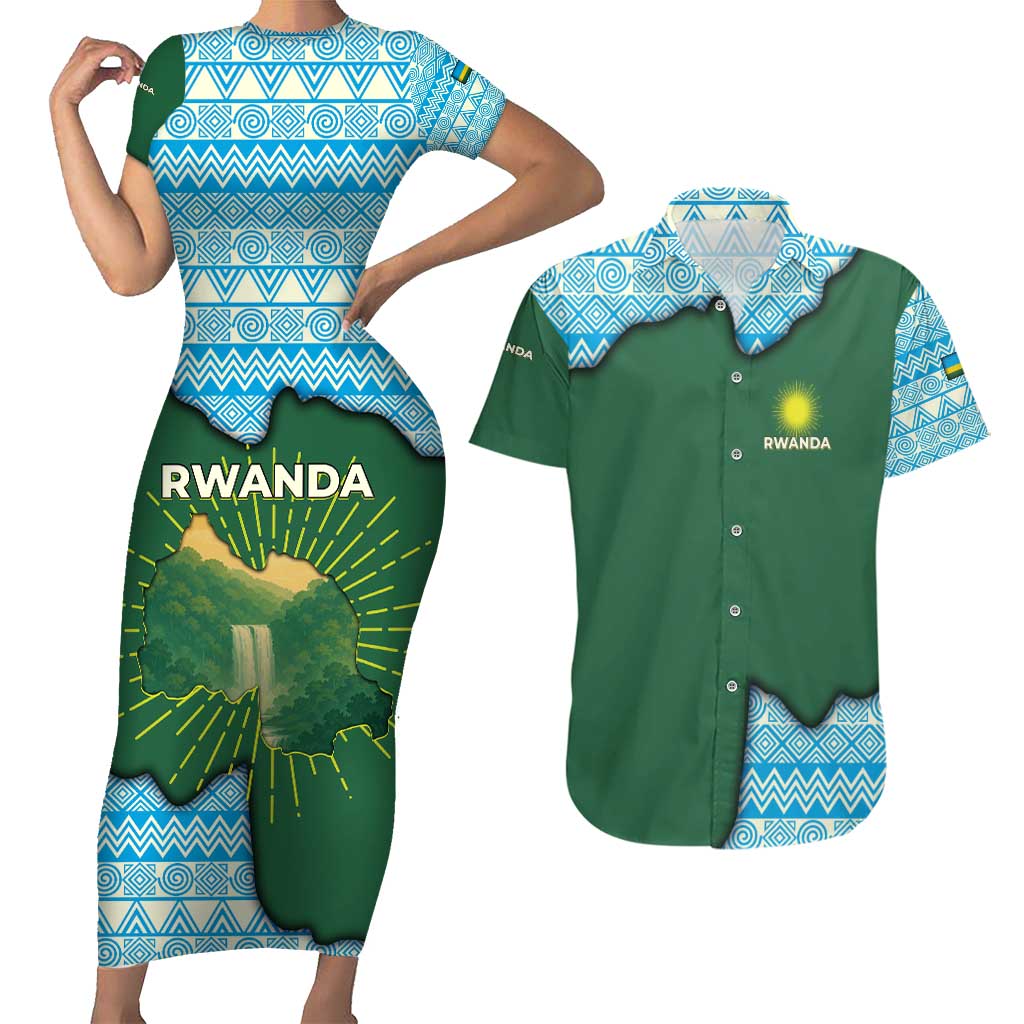 Rwanda Couples Matching Short Sleeve Bodycon Dress and Hawaiian Shirt with Green Nature Map Waterfall Sunburst Spirit