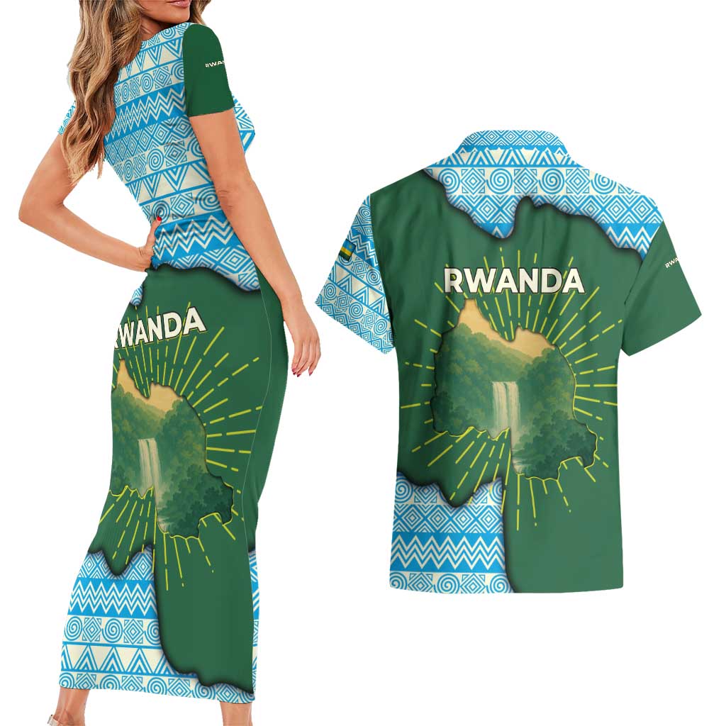 Rwanda Couples Matching Short Sleeve Bodycon Dress and Hawaiian Shirt with Green Nature Map Waterfall Sunburst Spirit
