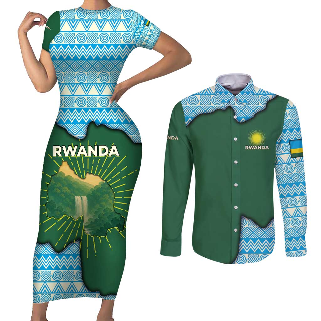 Rwanda Couples Matching Short Sleeve Bodycon Dress and Long Sleeve Button Shirt with Green Nature Map Waterfall Sunburst Spirit