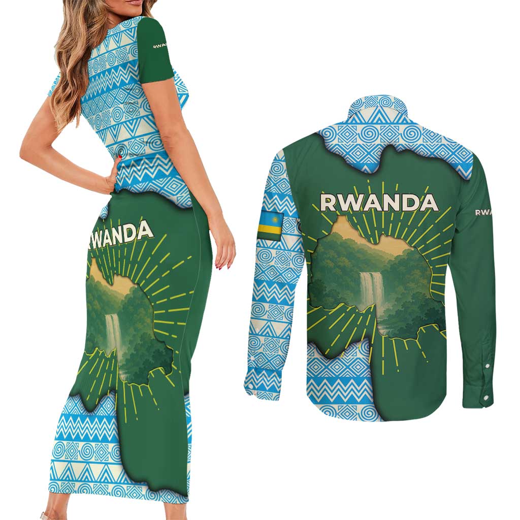 Rwanda Couples Matching Short Sleeve Bodycon Dress and Long Sleeve Button Shirt with Green Nature Map Waterfall Sunburst Spirit