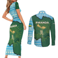 Rwanda Couples Matching Short Sleeve Bodycon Dress and Long Sleeve Button Shirt with Green Nature Map Waterfall Sunburst Spirit