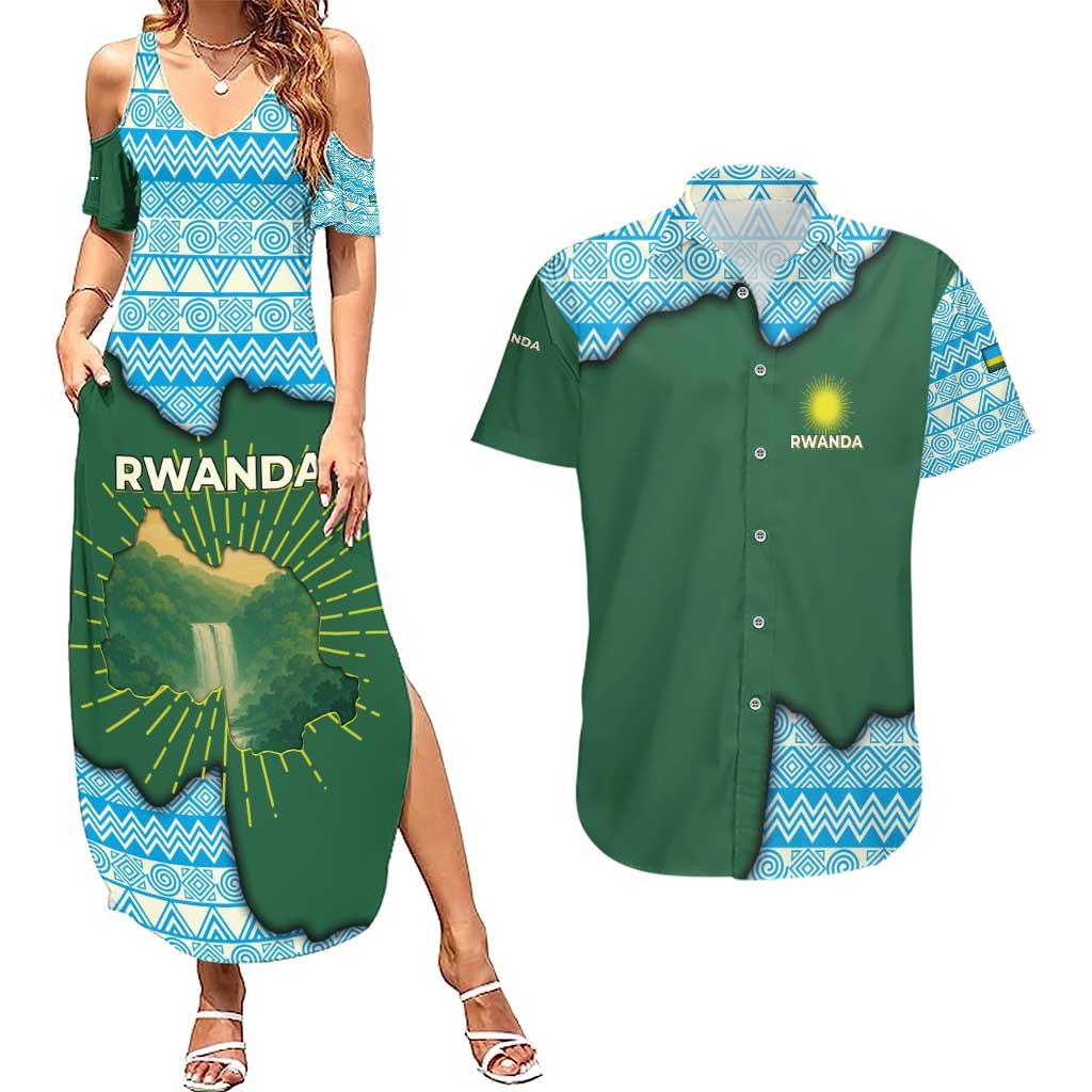 Rwanda Couples Matching Summer Maxi Dress and Hawaiian Shirt with Green Nature Map Waterfall Sunburst Spirit