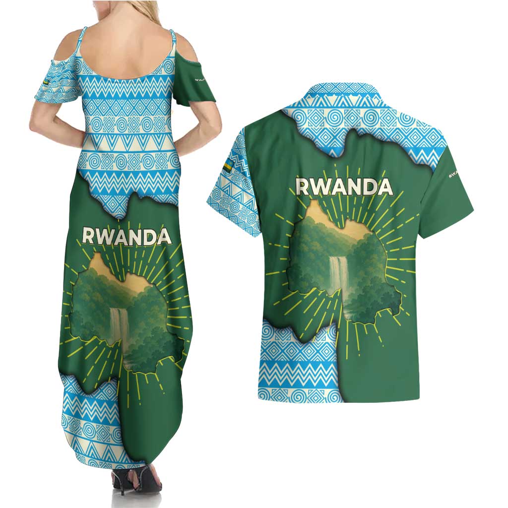 Rwanda Couples Matching Summer Maxi Dress and Hawaiian Shirt with Green Nature Map Waterfall Sunburst Spirit