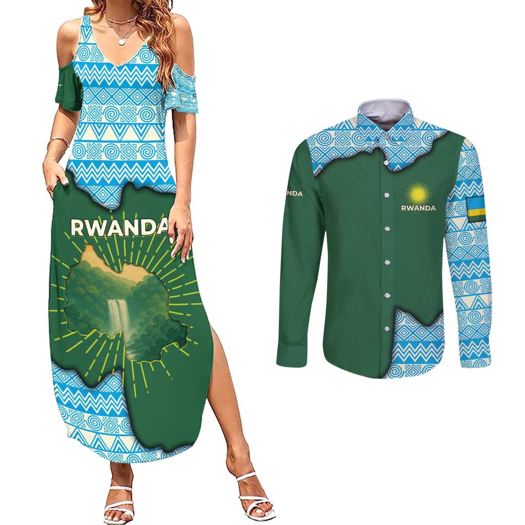 Rwanda Couples Matching Summer Maxi Dress and Long Sleeve Button Shirt with Green Nature Map Waterfall Sunburst Spirit