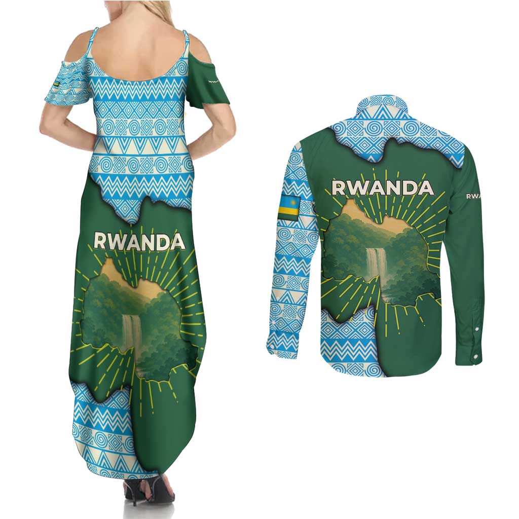 Rwanda Couples Matching Summer Maxi Dress and Long Sleeve Button Shirt with Green Nature Map Waterfall Sunburst Spirit