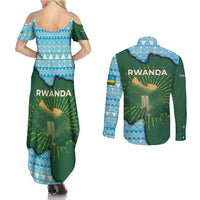 Rwanda Couples Matching Summer Maxi Dress and Long Sleeve Button Shirt with Green Nature Map Waterfall Sunburst Spirit
