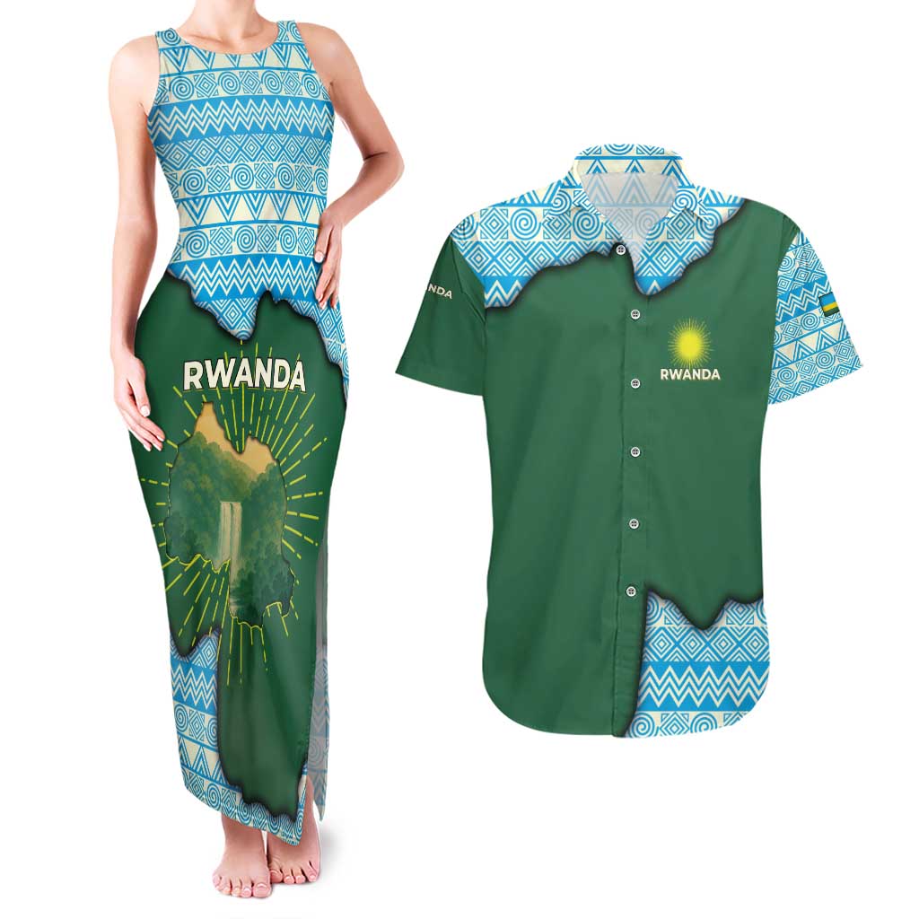 Rwanda Couples Matching Tank Maxi Dress and Hawaiian Shirt with Green Nature Map Waterfall Sunburst Spirit