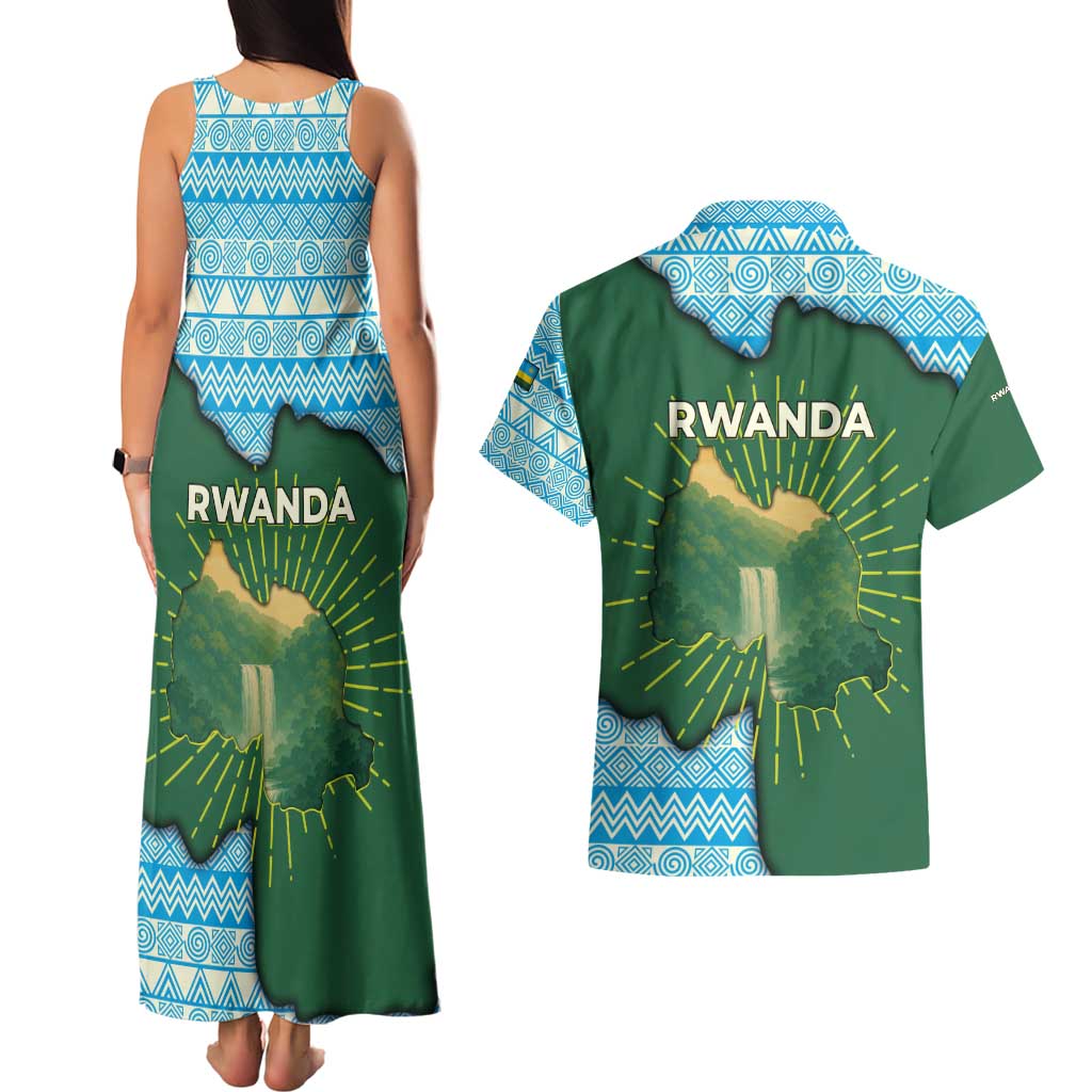 Rwanda Couples Matching Tank Maxi Dress and Hawaiian Shirt with Green Nature Map Waterfall Sunburst Spirit