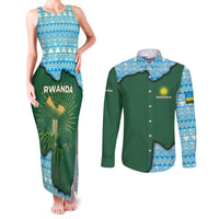 Rwanda Couples Matching Tank Maxi Dress and Long Sleeve Button Shirt with Green Nature Map Waterfall Sunburst Spirit