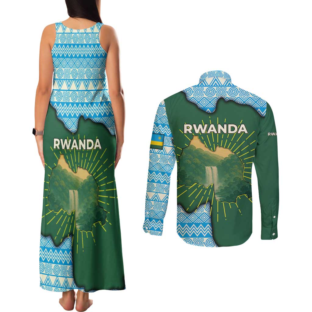 Rwanda Couples Matching Tank Maxi Dress and Long Sleeve Button Shirt with Green Nature Map Waterfall Sunburst Spirit