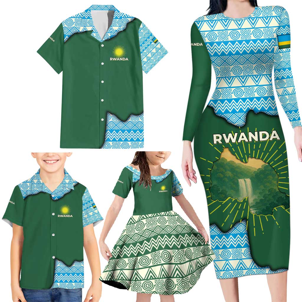 Rwanda Family Matching Long Sleeve Bodycon Dress and Hawaiian Shirt with Green Nature Map Waterfall Sunburst Spirit