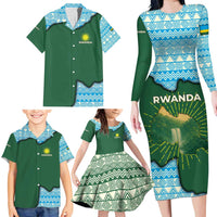 Rwanda Family Matching Long Sleeve Bodycon Dress and Hawaiian Shirt with Green Nature Map Waterfall Sunburst Spirit