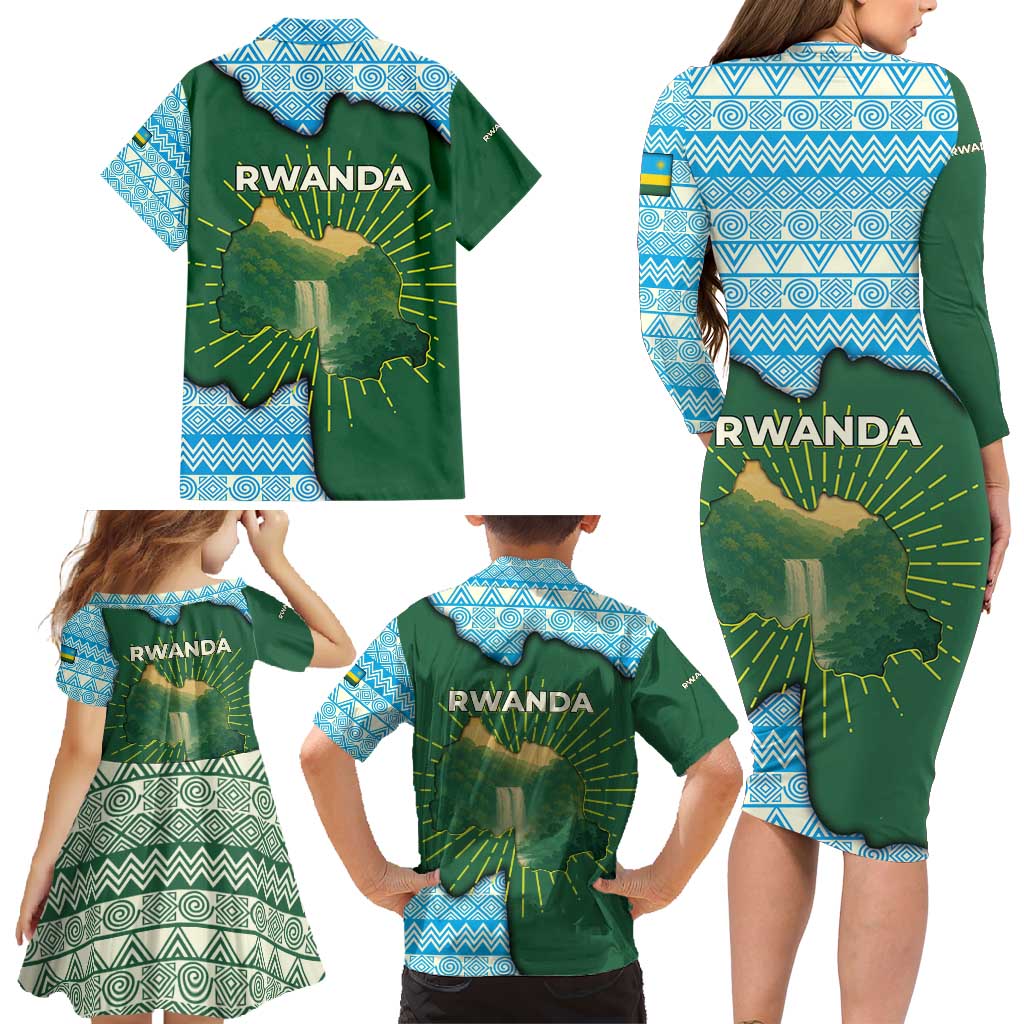 Rwanda Family Matching Long Sleeve Bodycon Dress and Hawaiian Shirt with Green Nature Map Waterfall Sunburst Spirit