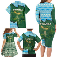 Rwanda Family Matching Long Sleeve Bodycon Dress and Hawaiian Shirt with Green Nature Map Waterfall Sunburst Spirit