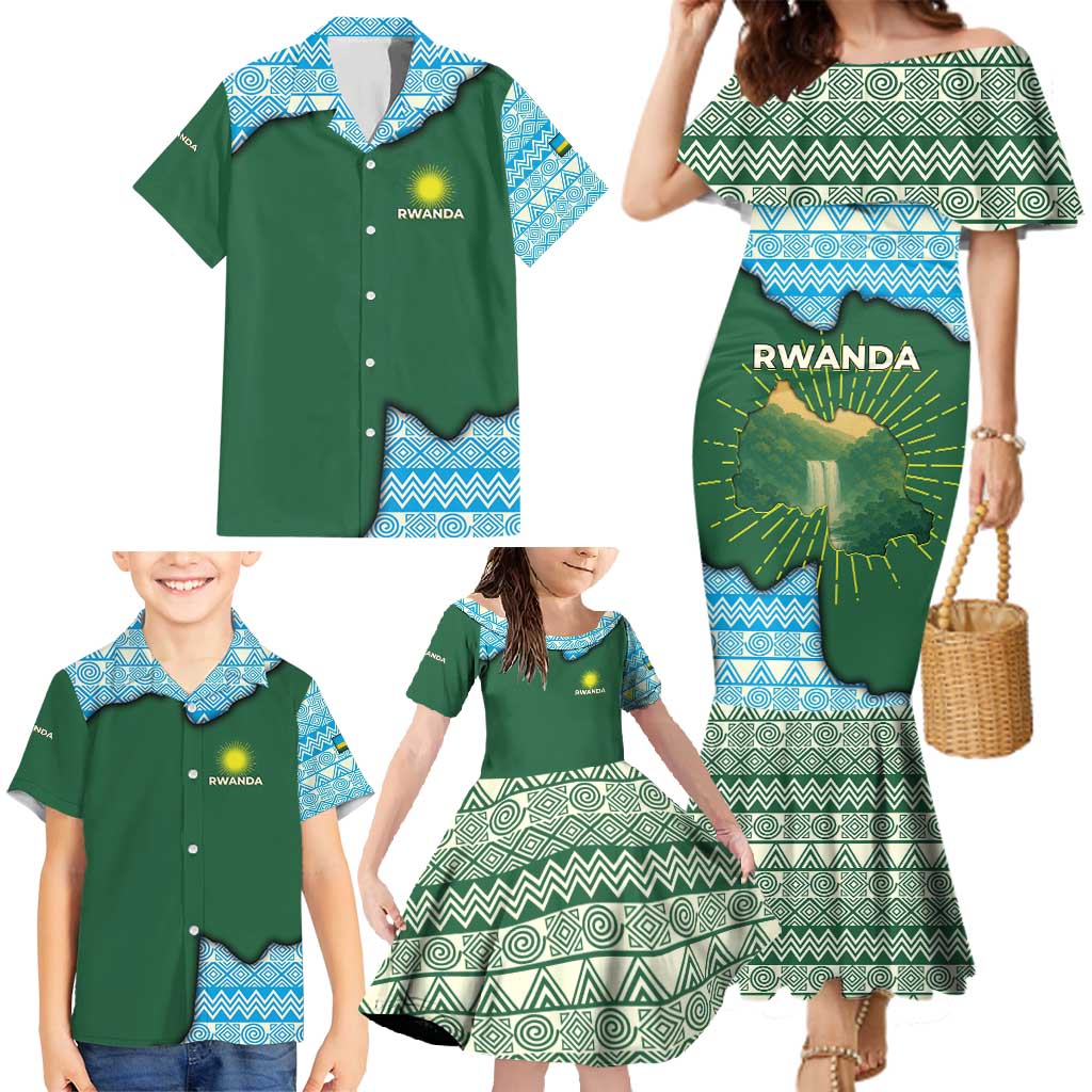 Rwanda Family Matching Mermaid Dress and Hawaiian Shirt with Green Nature Map Waterfall Sunburst Spirit