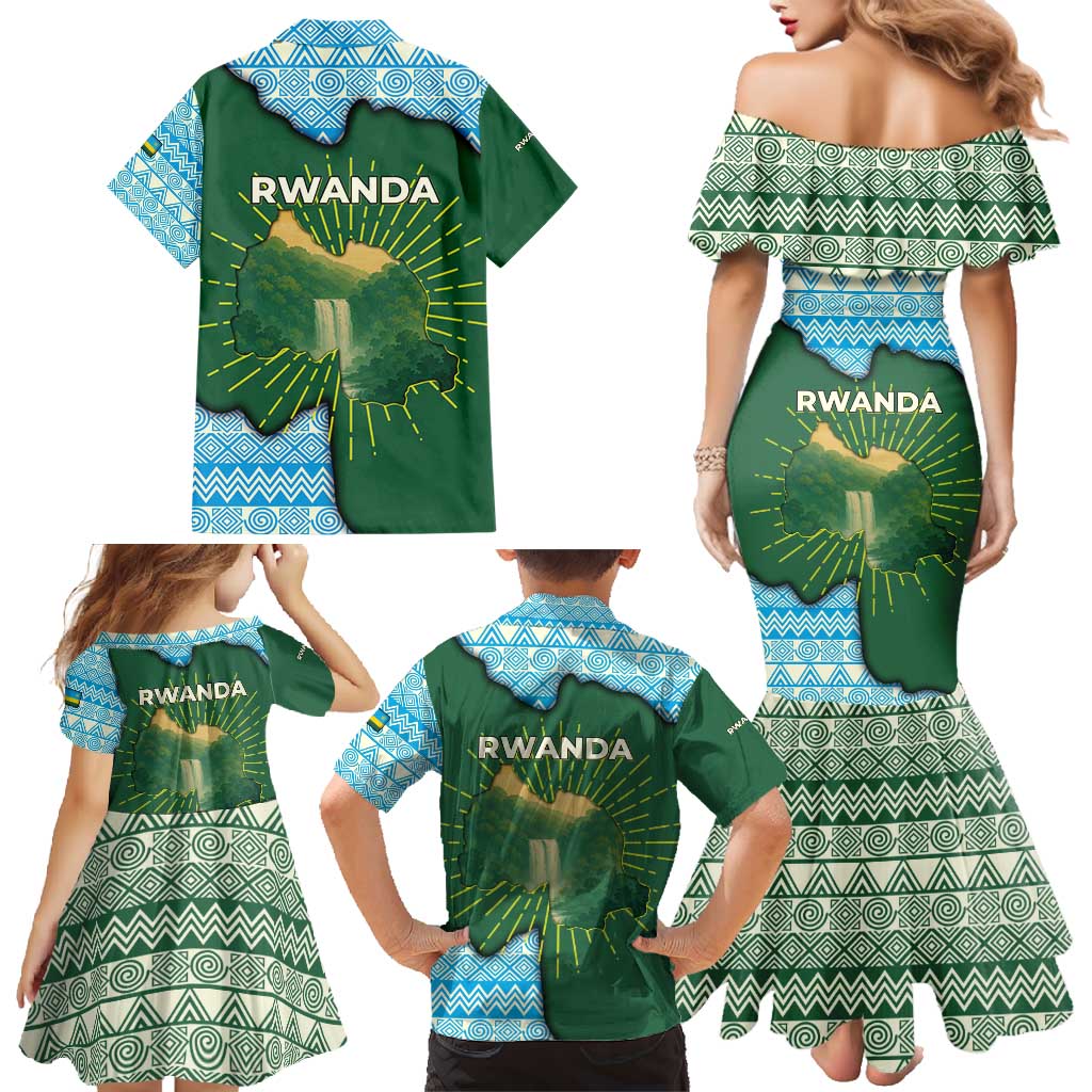 Rwanda Family Matching Mermaid Dress and Hawaiian Shirt with Green Nature Map Waterfall Sunburst Spirit