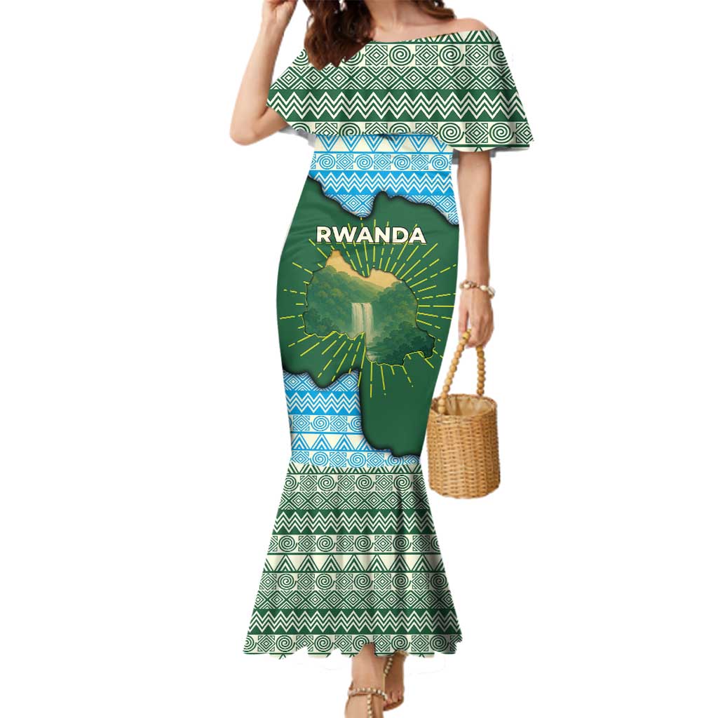 Rwanda Family Matching Mermaid Dress and Hawaiian Shirt with Green Nature Map Waterfall Sunburst Spirit