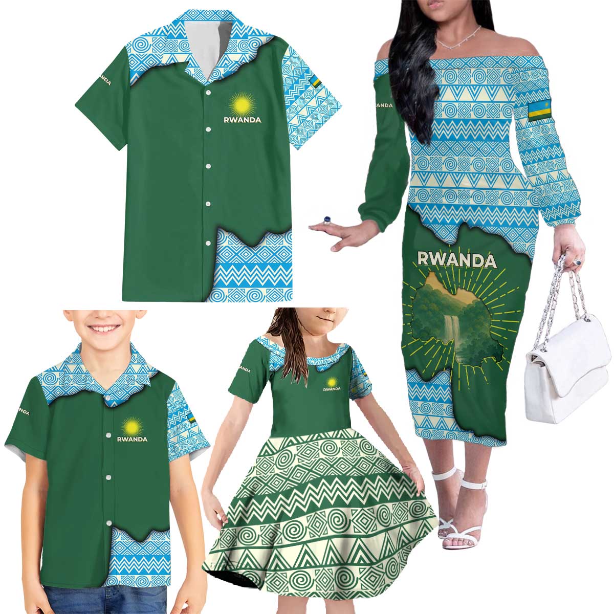Rwanda Family Matching Off The Shoulder Long Sleeve Dress and Hawaiian Shirt with Green Nature Map Waterfall Sunburst Spirit