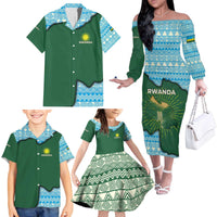 Rwanda Family Matching Off The Shoulder Long Sleeve Dress and Hawaiian Shirt with Green Nature Map Waterfall Sunburst Spirit