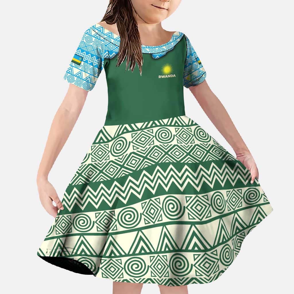 Rwanda Family Matching Off Shoulder Maxi Dress and Hawaiian Shirt with Green Nature Map Waterfall Sunburst Spirit