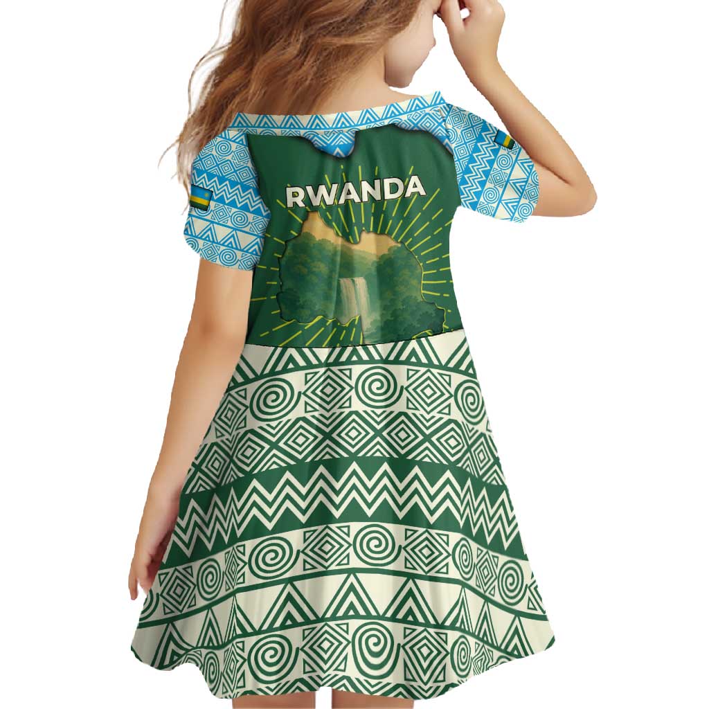 Rwanda Family Matching Off Shoulder Maxi Dress and Hawaiian Shirt with Green Nature Map Waterfall Sunburst Spirit