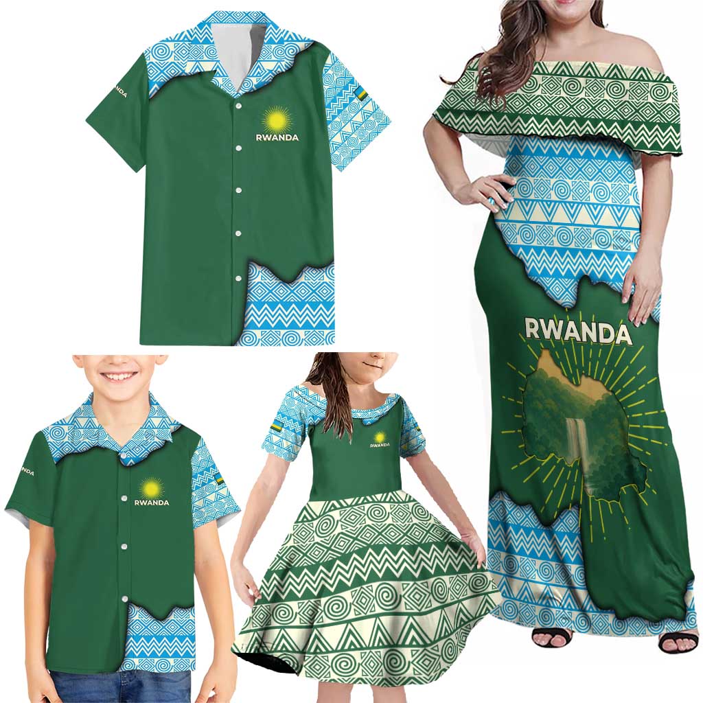 Rwanda Family Matching Off Shoulder Maxi Dress and Hawaiian Shirt with Green Nature Map Waterfall Sunburst Spirit