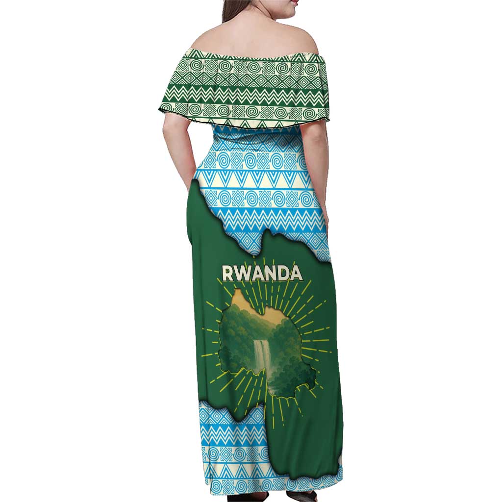 Rwanda Family Matching Off Shoulder Maxi Dress and Hawaiian Shirt with Green Nature Map Waterfall Sunburst Spirit