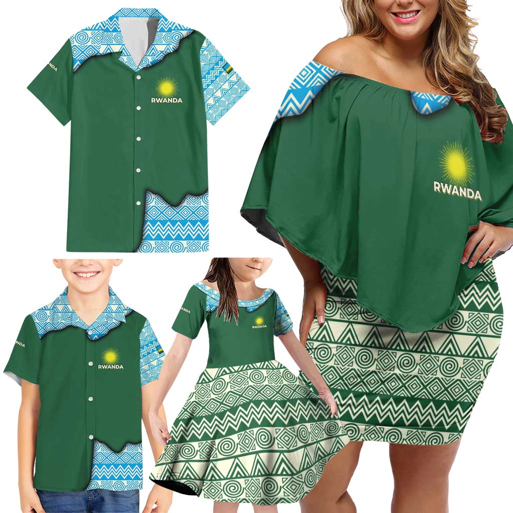 Rwanda Family Matching Off Shoulder Short Dress and Hawaiian Shirt with Green Nature Map Waterfall Sunburst Spirit