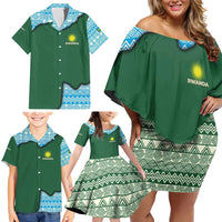 Rwanda Family Matching Off Shoulder Short Dress and Hawaiian Shirt with Green Nature Map Waterfall Sunburst Spirit