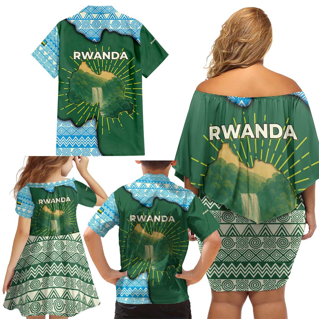 Rwanda Family Matching Off Shoulder Short Dress and Hawaiian Shirt with Green Nature Map Waterfall Sunburst Spirit