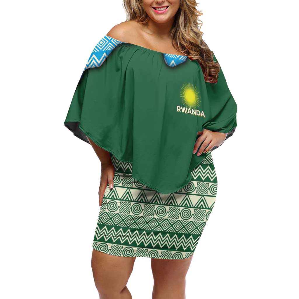 Rwanda Family Matching Off Shoulder Short Dress and Hawaiian Shirt with Green Nature Map Waterfall Sunburst Spirit