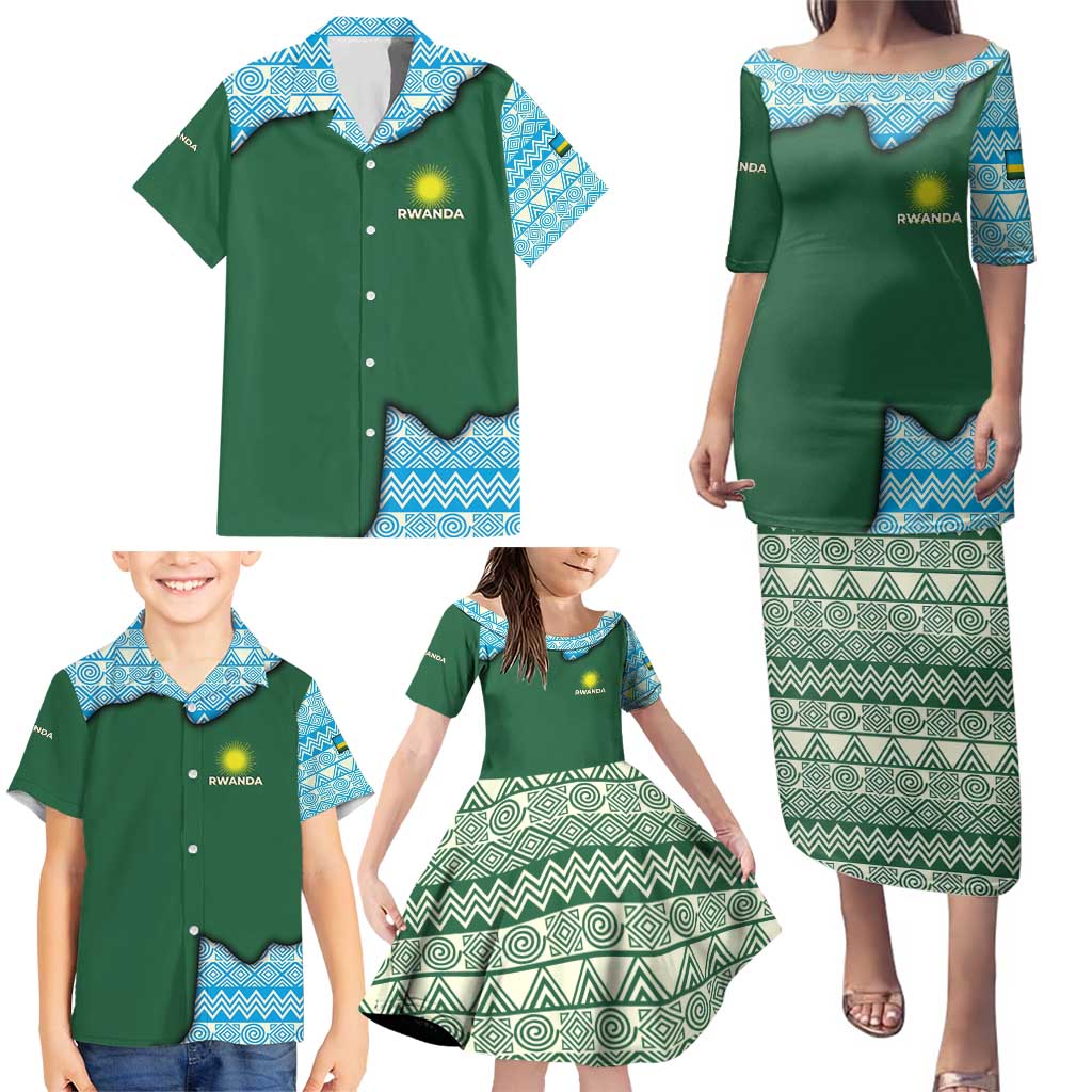 Rwanda Family Matching Puletasi and Hawaiian Shirt with Green Nature Map Waterfall Sunburst Spirit