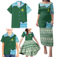 Rwanda Family Matching Puletasi and Hawaiian Shirt with Green Nature Map Waterfall Sunburst Spirit