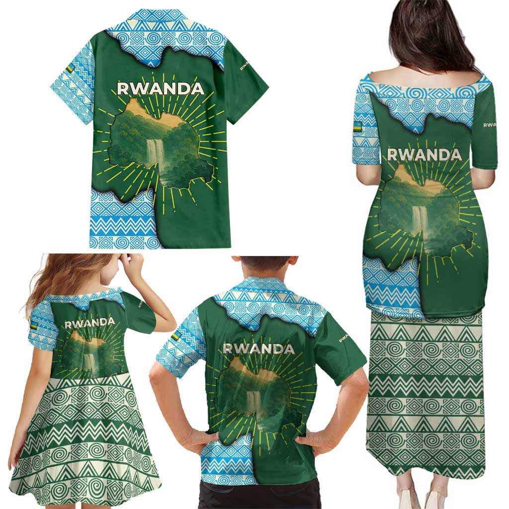 Rwanda Family Matching Puletasi and Hawaiian Shirt with Green Nature Map Waterfall Sunburst Spirit